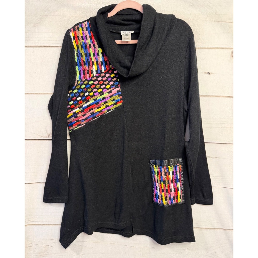 Adore Black Cowl Neck Tunic Sweater‎ Multi-Color Woven Patch Faux Leather XL
